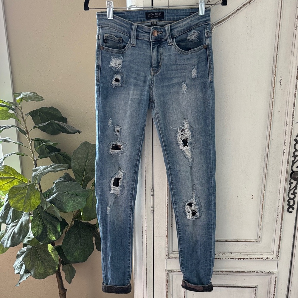 Judy Blue Jeans Womens 3/26 Blue Skinny Fit Stretch Camo Patch Distressed Ankle